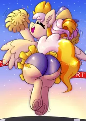 Size: 2048x2888 | Tagged: safe, artist:northernlightsone, author:bigonionbean, derpibooru import, cheerilee, spitfire, oc, oc:learning curve, unofficial characters only, earth pony, pegasus, pony, butt, cheering, cheerleader, cheerleader outfit, clothes, commission, commissioner:bigonionbean, cutie mark, extra thicc, female, flank, fusion, fusion:learning curve, high res, image, mare, plot, png, pom pom, solo, solo female, spread wings, tail, underhoof, wings