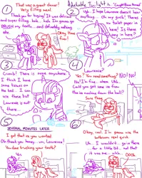 Size: 4779x6013 | Tagged: safe, artist:adorkabletwilightandfriends, derpibooru import, twilight sparkle, twilight sparkle (alicorn), oc, oc:lawrence, alicorn, comic:adorkable twilight and friends, adorkable, adorkable twilight, bathroom, bathroom denial, bed, blushing, cabinet, clock, comic, cute, door, dork, embarrassed, funny, glasses, happy, hotel, hotel room, humor, image, lamp, lying down, motel, nervous, oblivious, pillow, png, restroom, shampoo, sink, sitting, slice of life, soap, thinking, thought bubble, thoughts, tissue box, toilet, toilet paper, walking