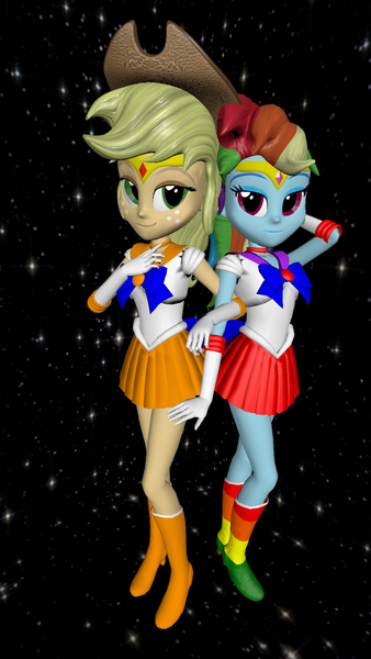 Size: 1080x1920 | Tagged: safe, artist:oatmeal!, derpibooru import, applejack, rainbow dash, human, equestria girls, 3d, appledash, clothes, costume, cousins, female, gmod, image, lesbian, miniskirt, png, pose, sailor moon, sailor neptune, sailor scout, sailor uranus, shipping, simple background, skirt, space