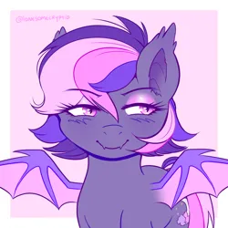 Size: 1400x1400 | Tagged: safe, artist:lonesomecryptid, derpibooru import, oc, unofficial characters only, bat pony, pony, bat pony oc, bat wings, eyeshadow, image, makeup, pink background, pink eyeshadow, png, purple eyes, purple hair, simple background, solo, wings