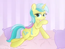 Size: 4032x3016 | Tagged: safe, artist:rainbowšpekgs, derpibooru import, lemony gem, pony, unicorn, bed, bedroom, bedroom eyes, belly, belly button, chubby, clothes, female, image, leaning, looking at you, lying, mare, pillow, png, raised hoof, saddle, seductive pose, show accurate, small clothes, smiling, solo, tack