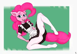 Size: 2915x2033 | Tagged: suggestive, artist:furryfantan, derpibooru import, pinkie pie, anthro, earth pony, clothes, furryfantan, image, jpeg, legs, pink hair, pose, school uniform, solo, white pantyhose