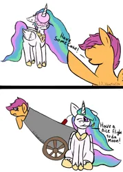 Size: 1500x2100 | Tagged: safe, artist:lil_vampirecj, derpibooru import, princess celestia, scootaloo, alicorn, pegasus, pony, cake, cannon, comedy, comic, explosives, female, filly, foal, food, funny, image, mare, match, png, pony cannonball, silly, simple background, smiling, throwing, to the moon, wheel