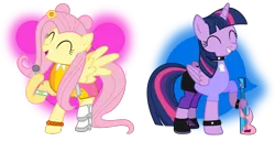 Size: 1648x842 | Tagged: safe, artist:pagiepoppie12345, derpibooru import, fluttershy, twilight sparkle, twilight sparkle (alicorn), alicorn, pegasus, pony, ami onuki, boots, bracelet, clothes, collar, emoticon, eyes closed, female, flower, guitar, hair bun, hi hi puffy ami yumi, holding, horn, image, jewelry, mare, microphone, musical instrument, pants, png, shirt, shoes, simple background, skirt, skull, smiling, spiked collar, spikes, spread wings, transparent background, wings, wristband, yumi yoshimura