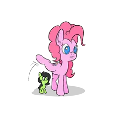 Size: 1175x1080 | Tagged: safe, artist:happy harvey, derpibooru import, pinkie pie, oc, oc:anonfilly, earth pony, pony, behaving like a dog, colored pupils, drawn on phone, ear fluff, female, filly, foal, image, imminent pissing, lifting leg, mare, png, raised leg, simple background, size difference, smol, this will end in tears, transparent background