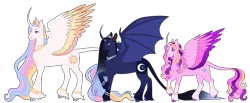 Size: 10213x4225 | Tagged: safe, artist:s0ftserve, derpibooru import, princess cadance, princess celestia, princess luna, pony, bat wings, curved horn, female, gradient mane, headcanon in the description, horn, image, jewelry, leonine tail, line-up, long mane, mare, png, redesign, regalia, royal sisters, simple background, transparent background, two toned wings, unshorn fetlocks, wings