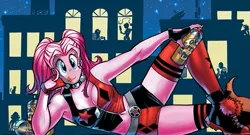 Size: 575x310 | Tagged: safe, derpibooru import, edit, pinkie pie, 1000 hours in gimp, clothes, cosplay, costume, dc comics, harley quinn, image, pinkie quinn, png, spray can