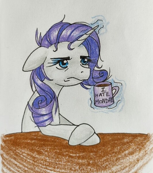 Size: 868x979 | Tagged: safe, artist:mintytreble, derpibooru import, rarity, pony, unicorn, eqg summertime shorts, equestria girls, monday blues, coffee, coffee mug, dishevelled, i hate mondays, image, jpeg, monday, mug