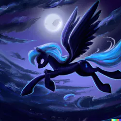 Size: 1024x1024 | Tagged: safe, dall-e 2, derpibooru import, machine learning generated, princess luna, alicorn, pony, cloud, female, flying, full moon, image, mare, moon, png
