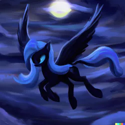 Size: 1024x1024 | Tagged: safe, dall-e 2, derpibooru import, machine learning generated, princess luna, alicorn, pony, cloud, female, flying, full moon, image, mare, moon, png