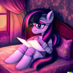 Size: 1024x1024 | Tagged: safe, dall-e 2, derpibooru import, machine learning generated, twilight sparkle, pony, unicorn, bed, bedsheets, book, clothes, female, glasses, image, mare, pillow, png, sitting, sunset, sweater, window