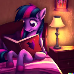 Size: 1024x1024 | Tagged: safe, dall-e 2, derpibooru import, machine learning generated, twilight sparkle, pony, unicorn, bed, bedsheets, book, female, framed picture, hooves, image, lamp, mare, png, sitting