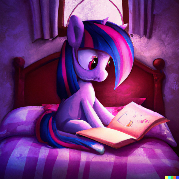 Size: 1024x1024 | Tagged: safe, dall-e 2, derpibooru import, machine learning generated, twilight sparkle, pony, unicorn, bed, bedsheets, book, female, image, mare, pillow, png, sitting, window
