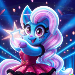 Size: 1024x1024 | Tagged: safe, dall-e 2, derpibooru import, machine learning generated, trixie, pony, unicorn, bipedal, clothes, dress, female, freckles, image, lights, mare, open mouth, pink dress, png, smiling, stage