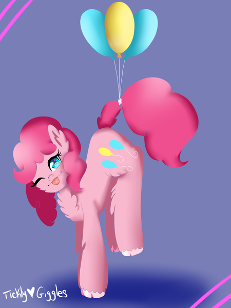 Size: 6000x8000 | Tagged: safe, artist:tickly-giggles, derpibooru import, pinkie pie, earth pony, pony, :p, balloon, chest fluff, cute, diapinkes, female, floating, image, mare, one eye closed, png, solo, then watch her balloons lift her up to the sky, tongue out, unshorn fetlocks, wink
