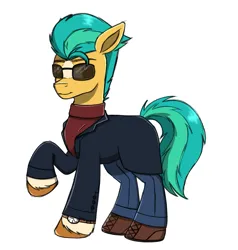 Size: 2081x2187 | Tagged: safe, artist:dyonys, derpibooru import, hitch trailblazer, earth pony, pony, boots, clothes, coat, coat markings, denim, g5, glasses, image, jeans, pants, png, shoes, simple background, sketch, solo, sunglasses, sweater, turtleneck, watch, white background