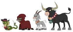 Size: 4000x1802 | Tagged: safe, artist:aleximusprime, derpibooru import, bray, oc, oc:bellow, oc:bleat, oc:dagger, bull, cobra, donkey, goat, serpent, snake, flurry heart's story, bell, bells, belt, bovine, brotherhood of grogar, cloak, cloaked, clothes, cowboy hat, g1, g1 to g4, g4, g4 bray, generation leap, hat, hooded cape, horns, image, knife, my little sister is a dragon, png, scarf, stetson