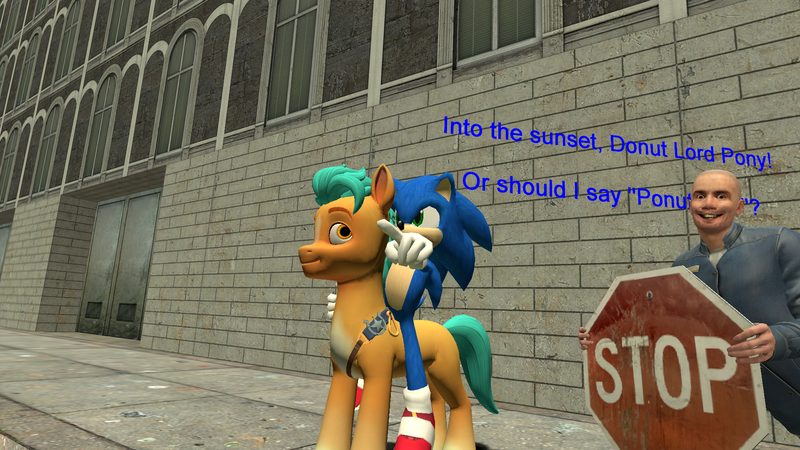 Size: 1920x1080 | Tagged: safe, artist:media buff, derpibooru import, hitch trailblazer, earth pony, hedgehog, human, pony, 3d, censored, city, donut lord, funny, g5, gmod, half-life, half-life 2, hedgehogs riding ponies, humor, image, joke, male, png, riding, sonic the hedgehog, sonic the hedgehog (series), stop sign, voice actor joke