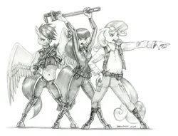 Size: 1400x1071 | Tagged: safe, artist:baron engel, derpibooru import, apple bloom, scootaloo, sweetie belle, anthro, clothes, cutie mark crusaders, grayscale, gun, image, jpeg, monochrome, pencil drawing, pipe, pirate, story in the source, story included, traditional art, trio, weapon, wrench