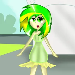 Size: 3000x3000 | Tagged: safe, artist:shawarmacat, derpibooru import, oc, oc:wooden toaster, unofficial characters only, human, equestria girls, clothes, dress, equestria girls-ified, female, green dress, image, png, portal, statue, wondercolt statue