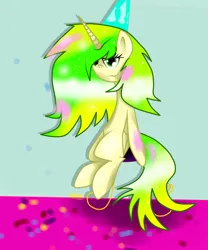 Size: 816x979 | Tagged: safe, artist:shawarmacat, derpibooru import, oc, oc:wooden toaster, unofficial characters only, alicorn, pony, alicornified, celebration, confetti, female, hat, horn, image, jpeg, mare, party, party hat, race swap, sitting, stool, unamused, wings