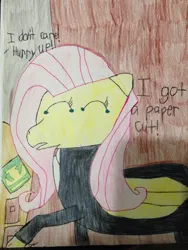 Size: 768x1024 | Tagged: safe, artist:animallover129, derpibooru import, fluttershy, pegasus, pony, blood, clothes, crying, dialogue, eyes closed, female, image, jpeg, mare, offscreen character, papercut, papers please, pencil drawing, stamp, suit, tears of pain, text, traditional art