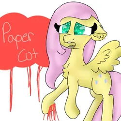 Size: 512x512 | Tagged: safe, derpibooru import, fluttershy, pegasus, pony, fanfic:fluttershy gets a papercut, blood, colored pupils, crying, female, floppy ears, image, jpeg, mare, papercut, scared, simple background, sparkles, spread wings, tears of pain, text, white background, wings