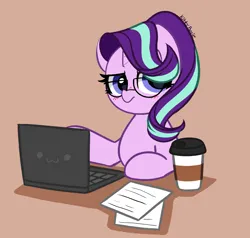 Size: 3904x3723 | Tagged: safe, artist:kittyrosie, derpibooru import, starlight glimmer, pony, unicorn, coffee, computer, glasses, image, laptop computer, looking at you, png, solo, unamused, working