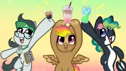 Size: 1920x1080 | Tagged: safe, artist:nootaz, derpibooru import, oc, oc:front page, oc:marina (efnw), oc:mocha sunrise, drink, everfree northwest, image, png