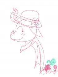Size: 1536x2048 | Tagged: safe, artist:enperry88, derpibooru import, ballista, dragon, blushing, bow, bowler hat, cute, dragoness, eyes closed, female, floppy ears, happy, hat, horn, image, jpeg, nose horn, simple background, smiling, splatoon, splatoon 3, we don't normally wear clothes, white background, wings