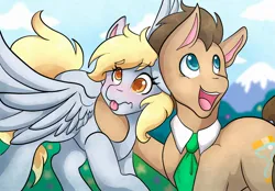 Size: 2048x1423 | Tagged: safe, artist:mscolorsplash, derpibooru import, derpy hooves, doctor whooves, time turner, earth pony, pegasus, pony, blushing, doctorderpy, female, hoof around neck, image, jpeg, male, mare, open mouth, open smile, shipping, smiling, stallion, straight, tongue out, wavy mouth