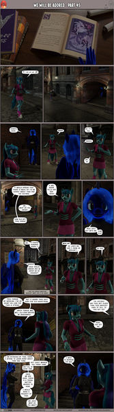 Size: 2000x7190 | Tagged: questionable, artist:angrygooseberry, artist:stellarator, derpibooru import, princess luna, sonata dusk, anthro, unguligrade anthro, comic:we will be adored, comic:we will be adored part 45, 3d, alleyway, blender, blender cycles, book, breasts, cycles render, glowing mane, image, middle english, not sfm, png, ye olde english