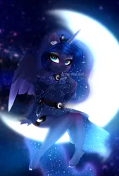 Size: 1353x2000 | Tagged: safe, artist:taiweiart, derpibooru import, princess luna, alicorn, anthro, unguligrade anthro, crescent moon, female, image, jpeg, moon, sitting, smiling, solo