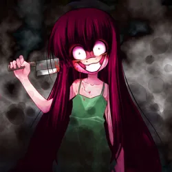 Size: 1024x1024 | Tagged: grimdark, derpibooru import, edit, pinkie pie, human, blood, crazy face, creepy, creepy smile, faic, image, insanity, knife, pinkamena diane pie, png, smiling