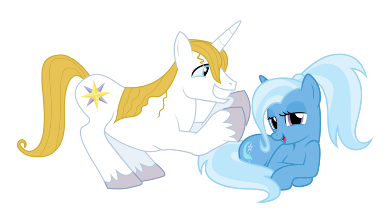 Size: 1325x720 | Tagged: safe, artist:badumsquish, artist:bigccv, derpibooru import, edit, vector edit, prince blueblood, trixie, pony, unicorn, alternate hairstyle, badumsquish is trying to murder us, bedroom eyes, bluetrix, cute, derpibooru exclusive, diatrixes, female, grin, happy, image, looking at you, lying down, male, mare, open mouth, png, ponytail, prince bluebetes, prone, shipping, simple background, smiling, straight, transparent background, vector