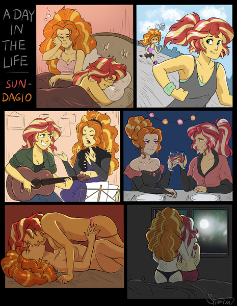 Size: 3615x4666 | Tagged: questionable, artist:shimazun, derpibooru import, adagio dazzle, sunset shimmer, equestria girls, bed, bedroom, breasts, cleavage, clothes, female, glass, guitar, hand on shoulder, image, jogging, lesbian, moon, musical instrument, night, panties, playing instrument, png, restaurant, sex, shipping, singing, sleeping, sleeping together, sunsagio, tired, underwear, waking up, wine glass