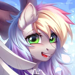 Size: 2000x2000 | Tagged: safe, artist:fenwaru, derpibooru import, oc, oc:blazey sketch, unofficial characters only, pegasus, blushing, bow, clothes, commission, green eyes, hair bow, icon, image, long hair, looking at you, multicolored hair, png, small wings, smiling, smiling at you, solo, sweater, wings