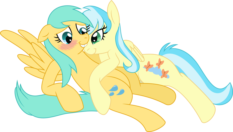 Size: 4526x2556 | Tagged: safe, artist:enigmaticfrustration, artist:thatusualguy06, derpibooru import, misty fly, sunshower raindrops, pegasus, pony, .svg available, blushing, duo, eye clipping through hair, female, gritted teeth, high res, image, lying down, mare, mistydrops, png, prone, simple background, teeth, transparent background, vector, wings