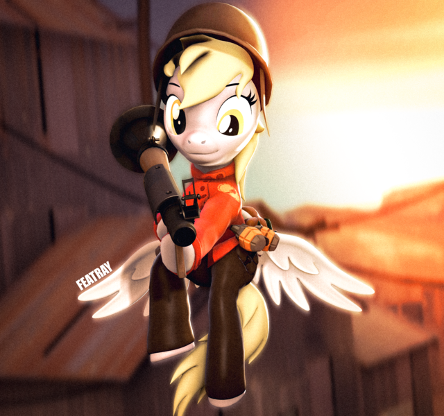 Size: 2400x2250 | Tagged: safe, artist:featray, derpibooru import, derpy hooves, pegasus, 3d, image, looking at you, png, soldier, soldier pony, source filmmaker, team fortress 2