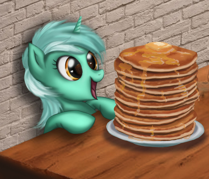 Size: 1496x1279 | Tagged: safe, artist:polnocnykot, derpibooru import, lyra heartstrings, pony, food, image, jpeg, my little pony, pancakes, solo