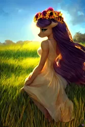 Size: 1024x1536 | Tagged: safe, derpibooru import, machine learning generated, stable diffusion, anthro, pony, beautiful, blue sky, clothes, cute, female, floral head wreath, flower, flower in hair, flowing mane, grass, grass field, image, kneeling, looking back, mare, meadow, png, rear view, solo, summer dress, sunlight