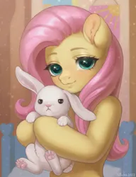 Size: 2303x3000 | Tagged: safe, artist:hirichie, derpibooru import, angel bunny, fluttershy, pegasus, pony, rabbit, animal, bedroom, blushing, cuddling, cute, digital art, female, hug, image, looking at you, png, smiling, sparkles