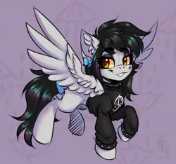 Size: 1244x1165 | Tagged: safe, artist:falafeljake, derpibooru import, oc, oc:lightning dee, unofficial characters only, pegasus, pony, bow, bracelet, bring me the horizon, choker, clothes, colored sclera, commisison, ear fluff, female, hoodie, image, jpeg, mare, raised hoof, solo, spiked choker, spiked wristband, spread wings, tail, tail bow, wings, wristband