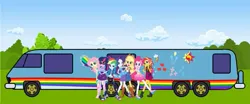 Size: 999x416 | Tagged: safe, artist:thatradhedgehog, derpibooru import, applejack, fluttershy, pinkie pie, rainbow dash, rarity, sunset shimmer, twilight sparkle, equestria girls, gmc motorhome, image, jpeg, rv, the rainbooms, the rainbooms tour bus