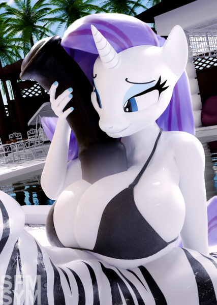 Size: 1365x1920 | Tagged: explicit, artist:symm, derpibooru import, rarity, oc, oc:big max, anthro, zebra, 3d, bedroom eyes, big breasts, big penis, bikini, boobjob, breasts, busty rarity, canon x oc, clothed boobjob, clothed female nude male, clothes, complete nudity, female, handjob, huge breasts, image, lip bite, male, nail polish, nudity, penis, penis on face, png, smiling, swimming pool, swimsuit, wet, wet clothes, wet mane, zebra on pony action, zebra penis, zebradom