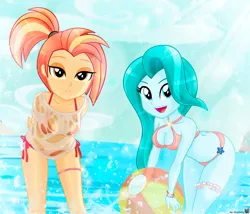 Size: 1274x1089 | Tagged: suggestive, artist:charliexe, derpibooru import, lighthoof, shimmy shake, 2 4 6 greaaat, equestria girls, beach ball, breasts, busty lighthoof, busty shimmy shake, cleavage, clothes, equestria girls-ified, image, jpeg, lidded eyes, open mouth, summer, swimsuit, wet clothes
