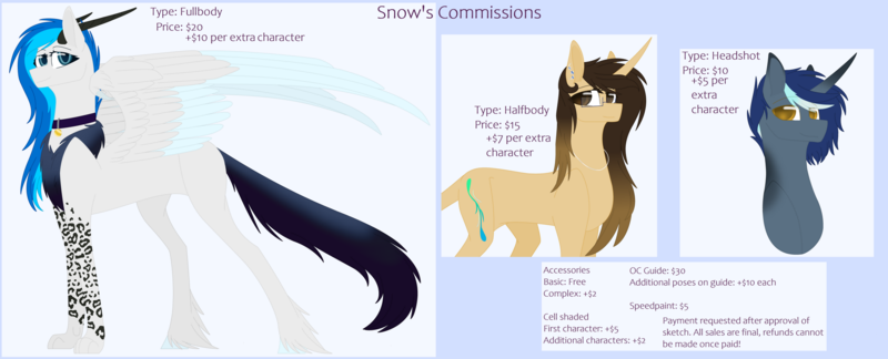 Size: 1920x777 | Tagged: safe, artist:snows-doodles, derpibooru import, oc, original species, advertisement, bust, commission info, commissions open, commissions sheet, full body, half body, halfbody, image, png