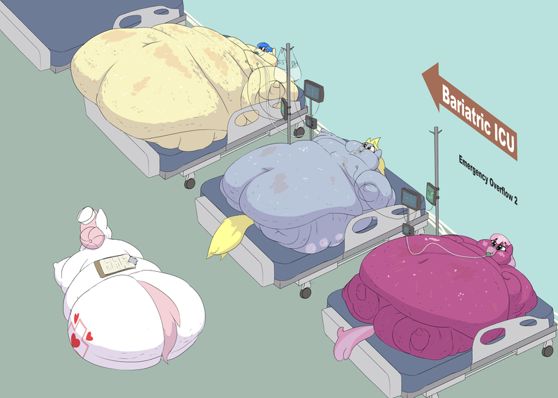 Size: 3500x2500 | Tagged: questionable, semi-grimdark, artist:lupin quill, derpibooru import, cheerilee, derpy hooves, nurse redheart, sapphire shores, earth pony, pegasus, pony, aderpose, bed, bedbound, bedroom eyes, belly, belly button, big belly, bingo wings, blob, blushing, cellulite, chubbilee, chubby cheeks, clipboard, fat, fat fetish, fetish, flabby chest, hospital, hospital bed, huge belly, image, immobile, impossibly large belly, impossibly obese, iv drip, life support, lying down, messy eating, morbidly obese, obese, on back, open mouth, oxygen mask, png, rolls of fat, stretchmarks, sweat, sweatdrop, the ass was fat, thighs, thunder thighs, waddle