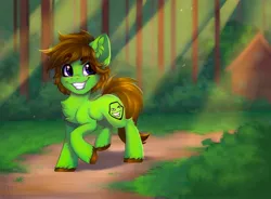 Size: 2988x2200 | Tagged: safe, artist:falafeljake, derpibooru import, oc, oc:salty jet ski, unofficial characters only, earth pony, pony, cabin, commission, earth pony oc, forest, forest background, image, jpeg, male, smiling, solo, stallion, tree