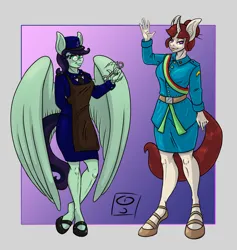 Size: 3000x3160 | Tagged: safe, artist:dimvitrarius, derpibooru import, oc, oc:curiassity, oc:doughnut, unofficial characters only, anthro, pegasus, unicorn, anthro oc, apron, bare legs, clothes, curved horn, hoof shoes, horn, image, jpeg, simple background, skirt, uniform, wrench